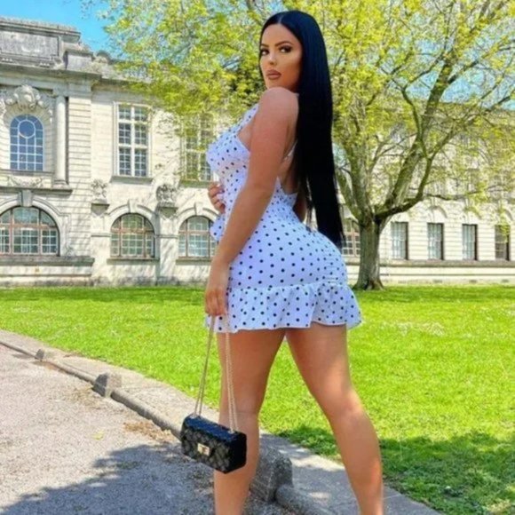 White Polka Dot Sleeveless V-Neck Open Back Backless Mini Dress - Picture 10 of 17